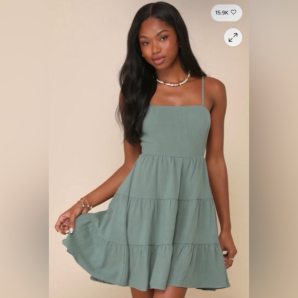 Lulu's Sage Green Cutout Tiered Mini Dress “Make a Day Out of It” - Picture 1 of 7